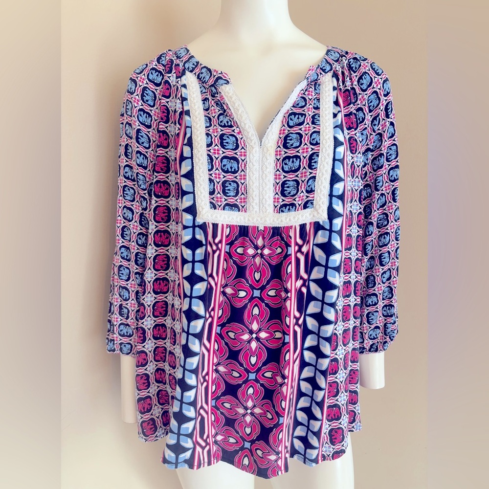 Crown & Ivy Tunic 3/4 Sleeve Top Shirt Blouse Blue Pink White Size 1X